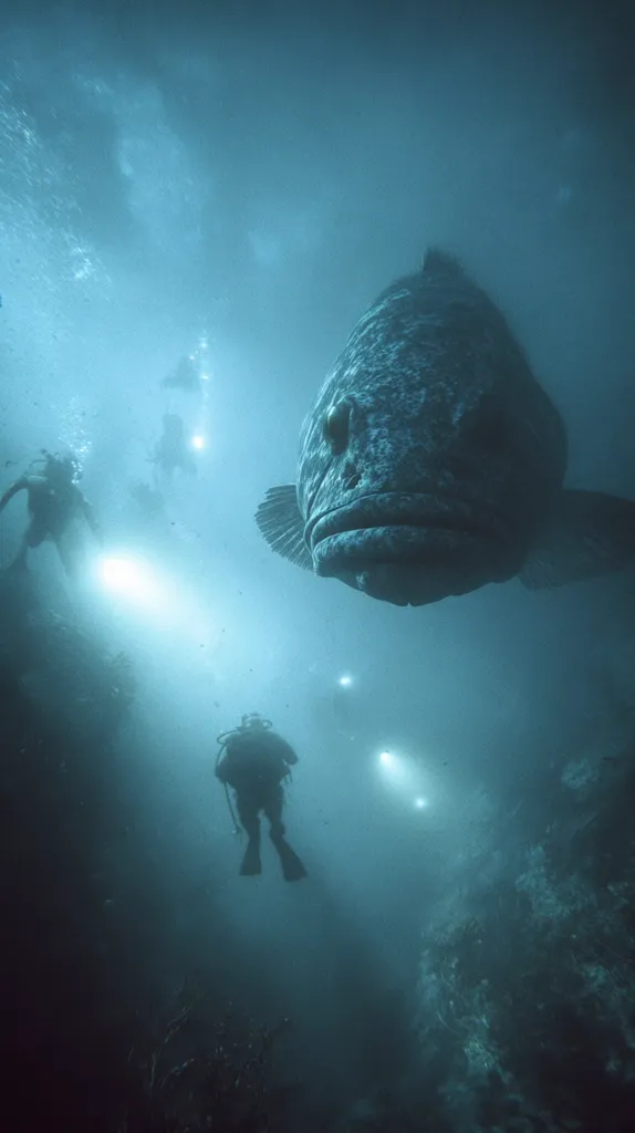 An enormous fish, possibly a giant grouper, looms in the murky depths.  Several scuba divers explore the underwater scene, their lights cutting through the gloom.  The vastness of the ocean is emphasized by the size of the fish and the small scale of the divers. The overall atmosphere is one of awe and mystery, showcasing the wonder of the deep sea.
