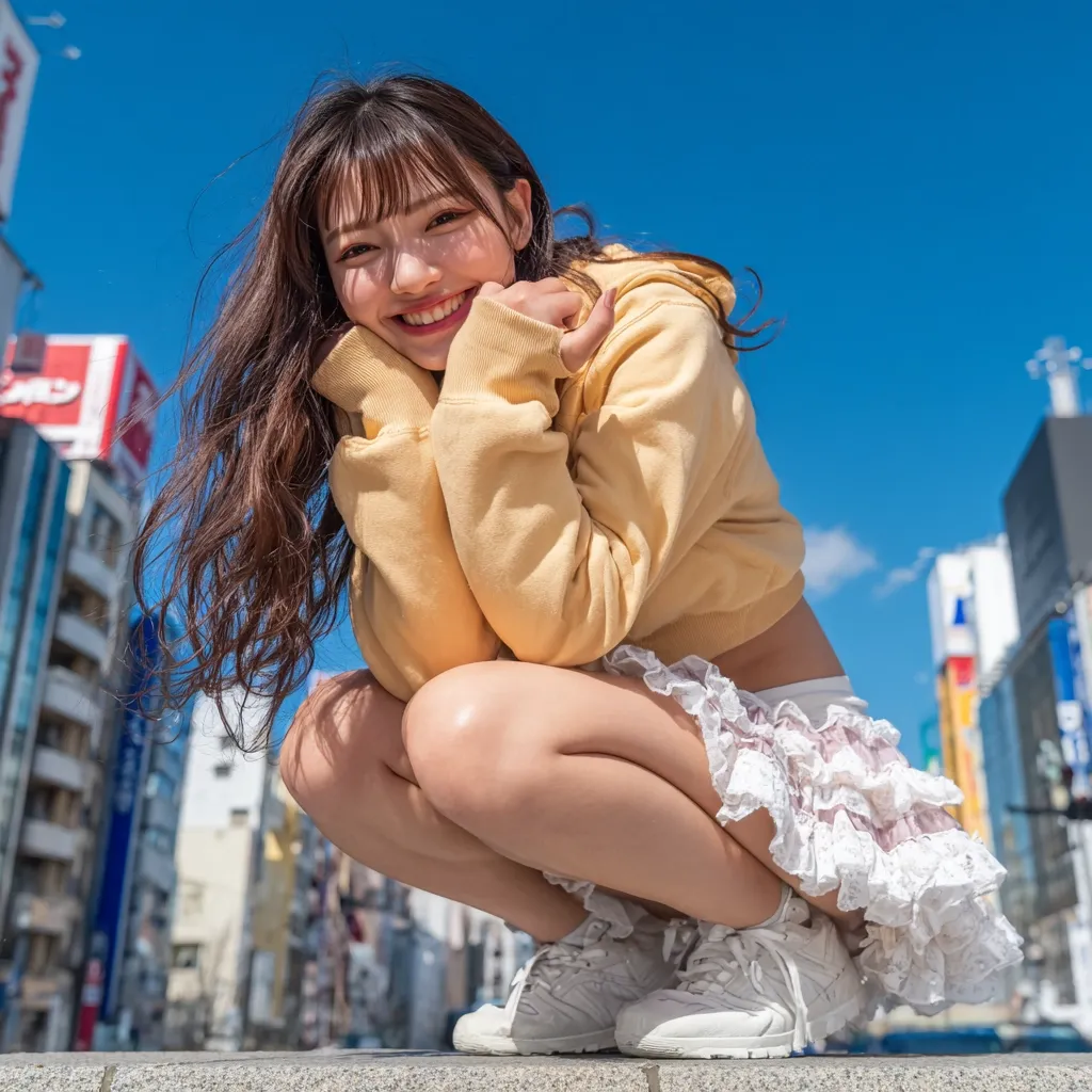 A young woman with long brown hair smiles, crouching on a ledge against a backdrop of a vibrant city street. She's wearing a pale yellow hoodie, a white lace skirt, and white sneakers.  The bright sunlight casts a cheerful glow on her face and clothes, contrasting with the bustling city in the blurred background. Her happy expression and pose create a lively and energetic image.