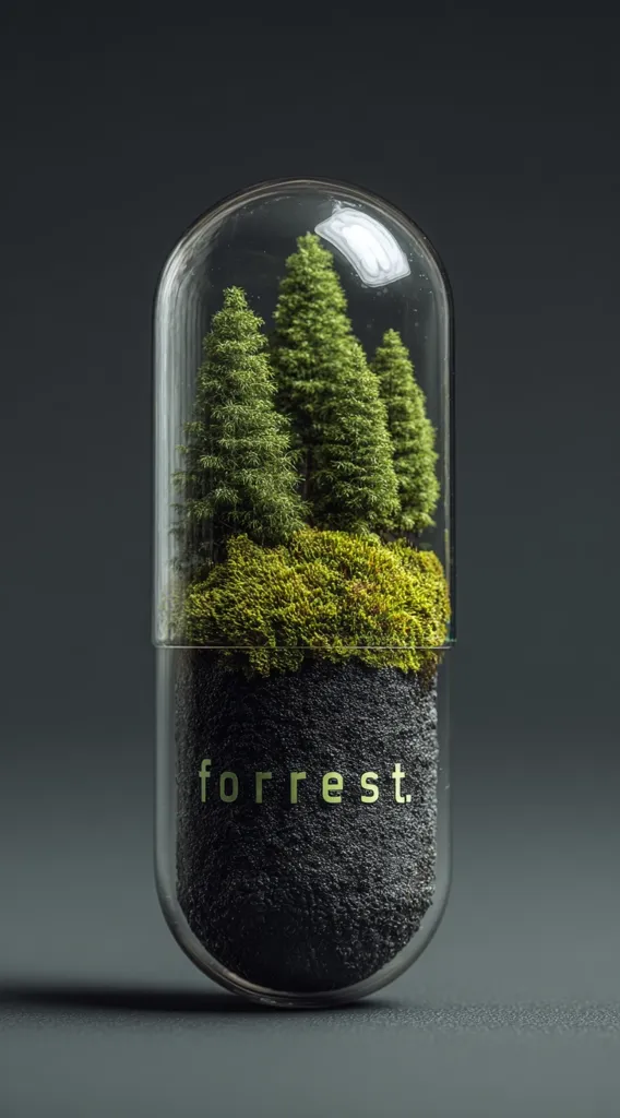 A glass capsule, resembling a large pill, contains a miniature forest scene.  Small evergreen trees and moss are nestled in dark soil at its base.  The word "forrest" is subtly printed on the soil. The capsule is set against a dark grey background, creating a stark contrast that highlights the enclosed ecosystem.  The image evokes themes of environmentalism and preservation.