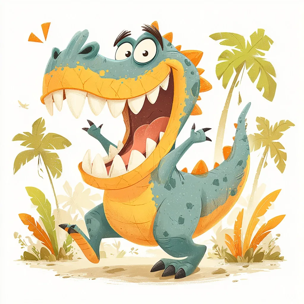 A cheerful, cartoon dinosaur with teal and orange scales joyfully prances through a tropical landscape. Its mouth is wide open in a joyous roar, revealing sharp teeth and a pink tongue. Palm trees and lush vegetation form the backdrop, enhancing the vibrant and playful atmosphere. The dinosaur's expressive eyes and raised arms convey a sense of unrestrained excitement and delight. The illustration is rendered in a textured style, adding depth and character to the scene.