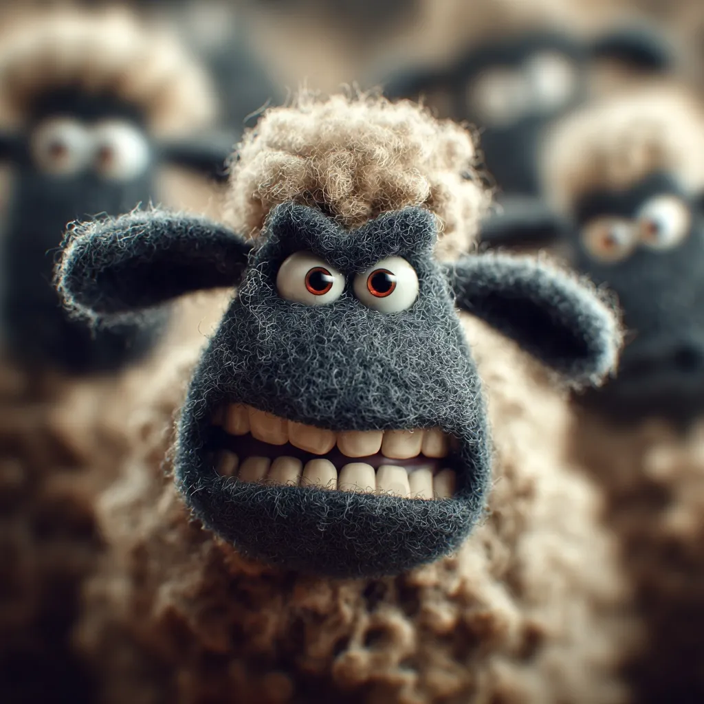 A close-up shot reveals a grumpy-looking black sheep, its orange eyes narrowed and teeth bared in a menacing grin.  Surrounded by a flock of fluffy white sheep, the black sheep stands out with its aggressive expression. The image's depth of field blurs the background sheep, focusing attention on the central figure's angry countenance. The texture of the sheep's wool is highly detailed, enhancing the realistic feel of the cartoonish character.