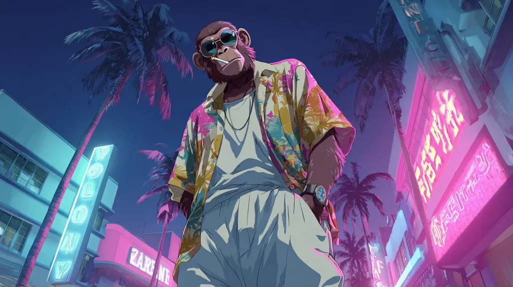 A stylish chimpanzee, sporting sunglasses and a vibrant Hawaiian shirt, stands confidently on a neon-lit street.  Palm trees sway under a twilight sky, casting a purplish glow on the Art Deco-style buildings.  The overall aesthetic is a blend of tropical paradise and cyberpunk, creating a unique and visually striking image.  The chimp appears cool and collected, embodying a sense of nonchalant urban sophistication.