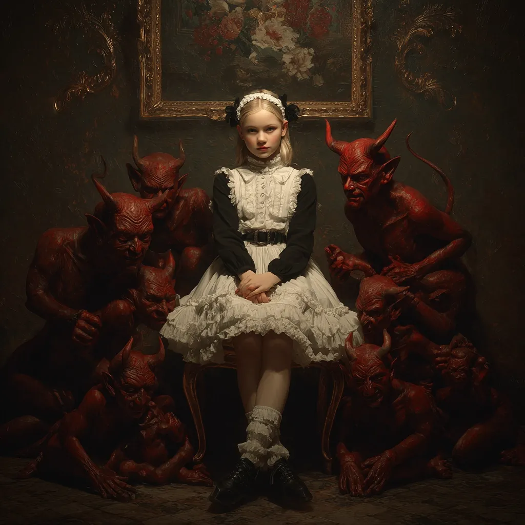 A young girl in a white dress sits serenely amidst a throng of grotesque, red-skinned imps.  She is calm and composed, her hands folded in her lap, while the demonic figures surround her, creating a stark contrast between innocence and malevolence.  The setting is dark and moody, enhancing the unsettling atmosphere of the scene. The image is evocative of a gothic or fantasy-inspired narrative.