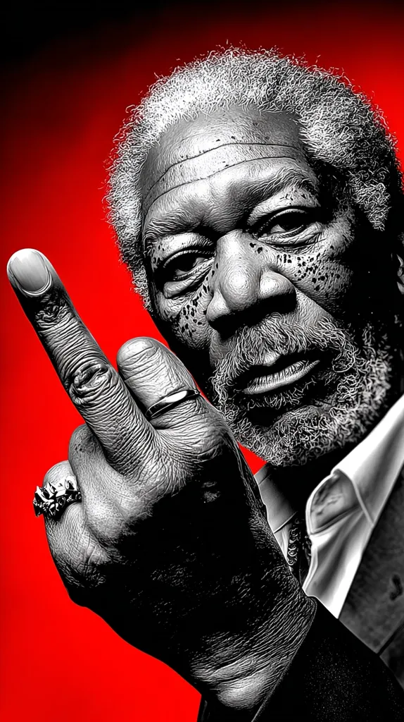 A stylized black and white close-up portrait of Morgan Freeman against a vibrant red background.  He is shown giving the middle finger, a bold and unexpected gesture.  His face is detailed, showing wrinkles and texture, adding to the powerful image.  He wears a collared shirt and rings. The contrast between the grayscale portrait and the red backdrop is striking.