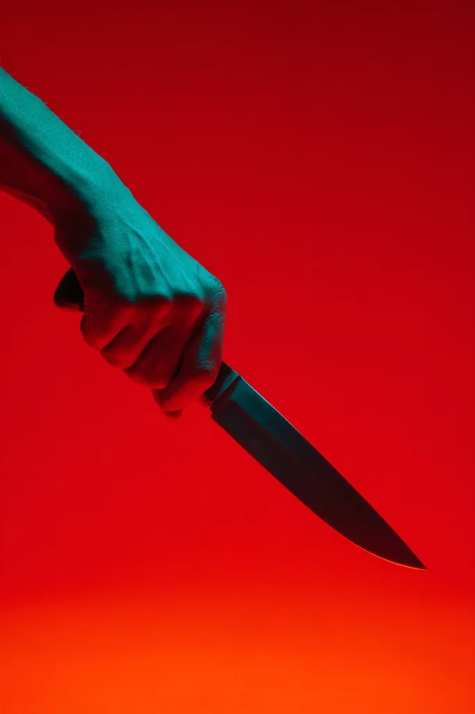 A hand, teal in tone, grips a knife against a vibrant red backdrop. The image is sharply focused, highlighting the contrast between the hand, knife, and background.  The scene is dramatic and suggestive, possibly symbolizing violence or danger. The red background emphasizes the intensity of the moment captured.