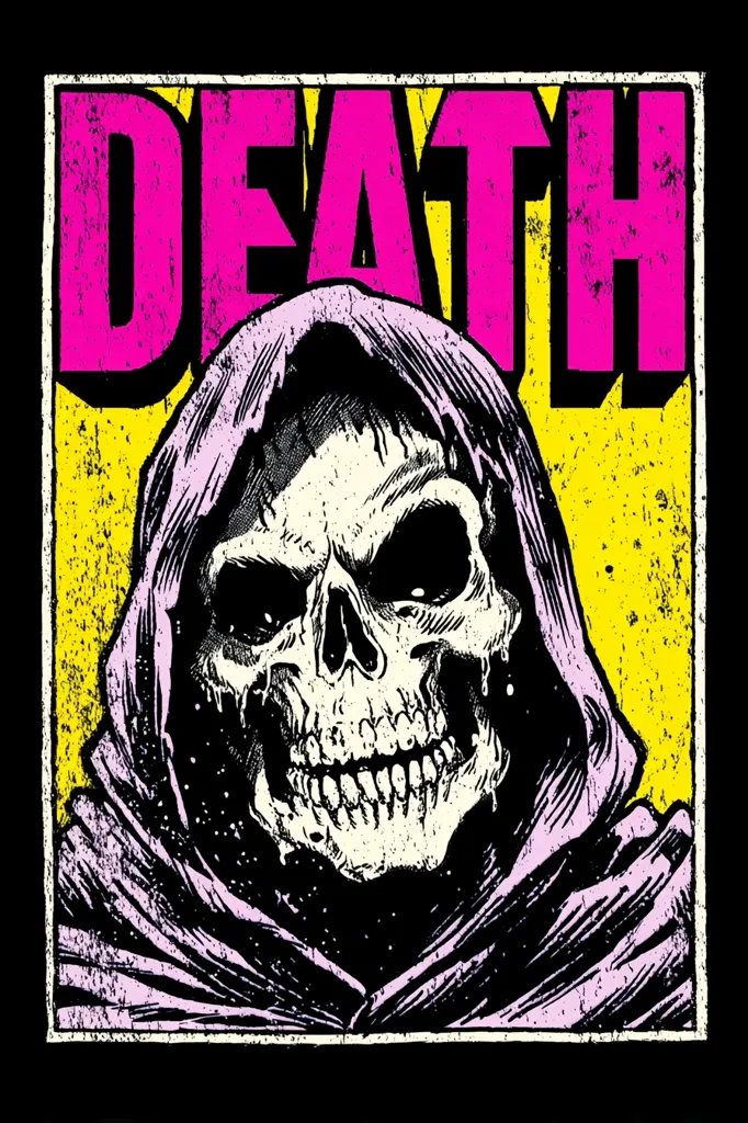 A grim reaper-esque skull, detailed with dripping features, is centrally positioned against a vibrant yellow backdrop.  The skull is shrouded in a purple hooded robe. The word "DEATH" is boldly displayed in hot pink lettering above, set within a distressed, vintage-style frame. The overall aesthetic is gritty and stylized, suggesting a punk or horror theme.
