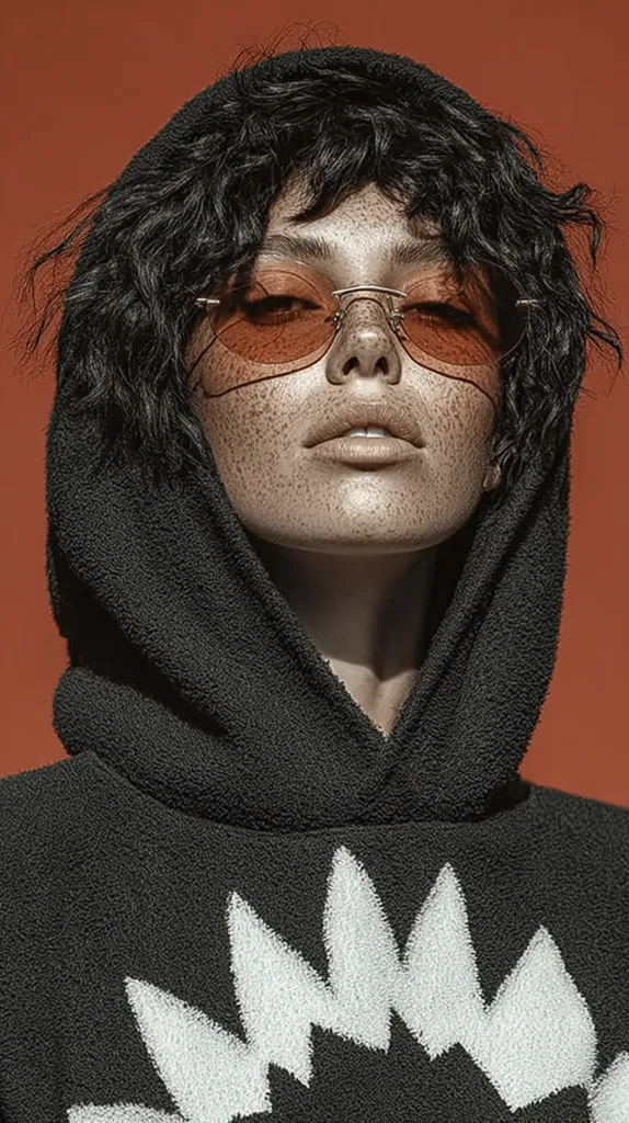 Close-up of a young woman with dark, curly hair wearing a dark gray hoodie with a white, abstract design.  She's wearing orange-tinted round glasses and has freckles across her nose and cheeks.  Her expression is serious and her eyes are partially closed. The background is a solid burnt orange.