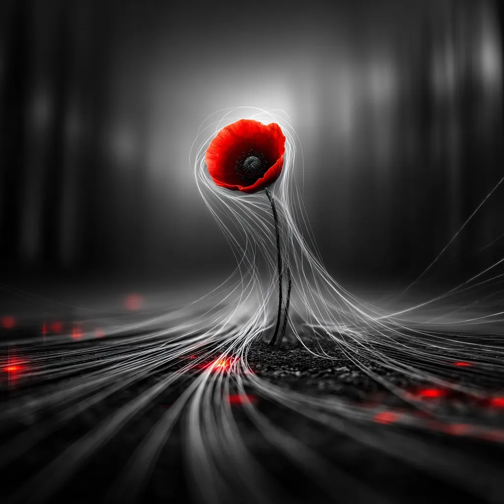 A single, vibrant red poppy stands in stark contrast against a monochromatic, dark forest background.  White, ethereal strands of light emanate from the flower, stretching across the ground like glowing threads.  Small red sparks punctuate the dark ground, enhancing the dramatic, almost mystical, atmosphere. The image evokes a sense of solitude and otherworldly beauty.