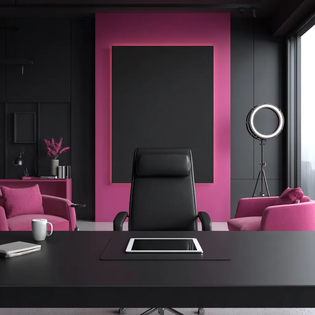 A modern office interior features a stark contrast of black and fuchsia pink.  A black leather executive chair sits at a sleek black desk, with a tablet resting on the surface.  Pink armchairs flank the desk, adding a pop of color against the dark walls. A large black framed artwork hangs on the fuchsia wall, and a ring light stands in the corner. The overall aesthetic is stylish and contemporary.