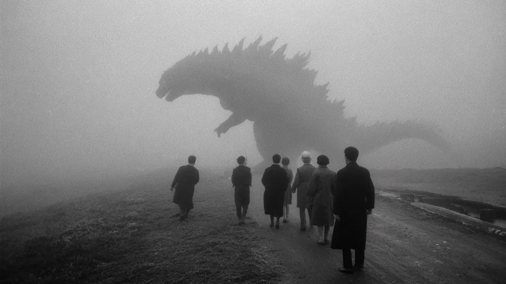 A black and white image depicts a colossal, shadowy Godzilla emerging from a thick fog. A group of people, small in comparison, walks away from the monstrous figure on a desolate road.  The fog obscures much of the landscape, creating a sense of unease and impending doom. The scene is stark and dramatic, highlighting the overwhelming scale of the creature.