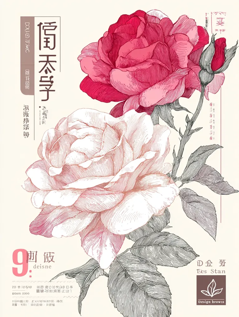 An elegant illustration showcases two intricately detailed roses, one in vibrant red and the other in soft pink, rendered in a vintage style. The roses are depicted with delicate lines and shading, highlighting their velvety petals and delicate leaves. The artwork is presented on a cream background, with minimal text in Asian characters providing additional context. The overall aesthetic is refined and romantic.