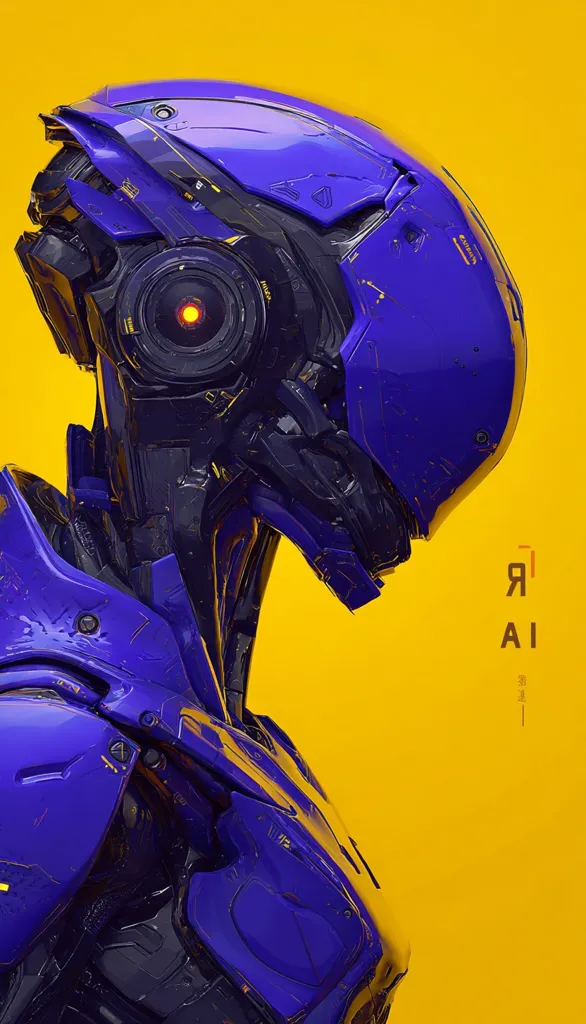 Close-up view of a vibrant purple robotic figure, possibly a cyborg or android, set against a bright yellow background.  The robot's helmet is sleek and detailed, featuring a central glowing orange light.  The body is sculpted with intricate mechanical elements, suggesting a high level of technological advancement.  The overall aesthetic is futuristic and stylized.  The image is digitally rendered and displays exceptional detail.
