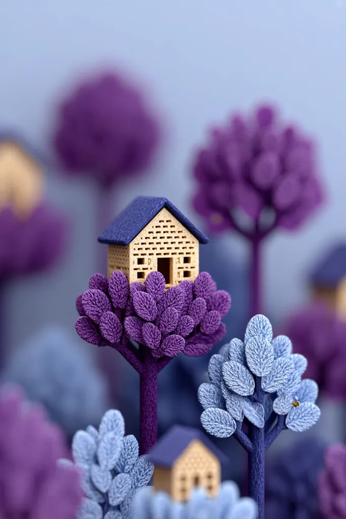 A miniature house with a blue roof sits atop a purple tree in a whimsical, stylized forest.  Surrounding it are other small houses nestled amongst textured, purple and blue trees, creating a dreamy and enchanting scene. The image is highly detailed, with a focus on the texture of the leaves and the small details of the houses.  A tiny bee is visible near one tree.