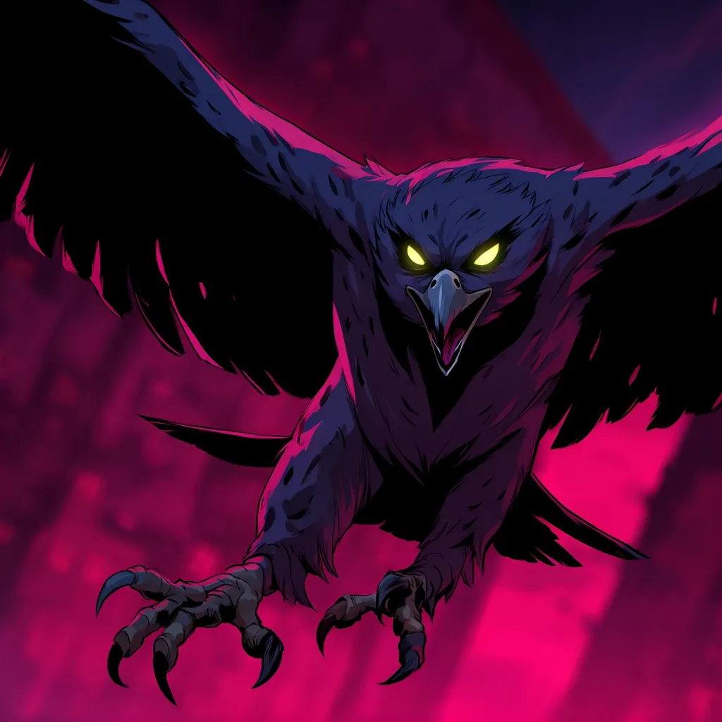 A stylized illustration of a large, dark bird of prey, possibly a hawk or eagle, in flight. Its wings are spread wide, talons extended, and glowing yellow eyes stare intensely.  The bird is depicted against a vibrant, dark pink background, creating a dramatic and ominous atmosphere. The style is reminiscent of graphic novels or video game art.
