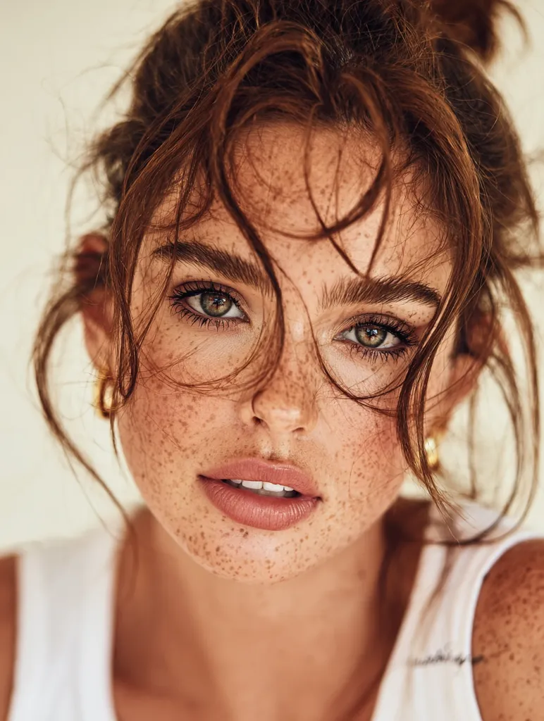 Close-up portrait of a young woman with freckles and reddish-brown hair styled in a messy bun.  Her hair partially obscures her face, framing her expressive green eyes and subtly made-up features. She wears a simple white tank top and gold hoop earrings. The overall impression is one of natural beauty and effortless style.