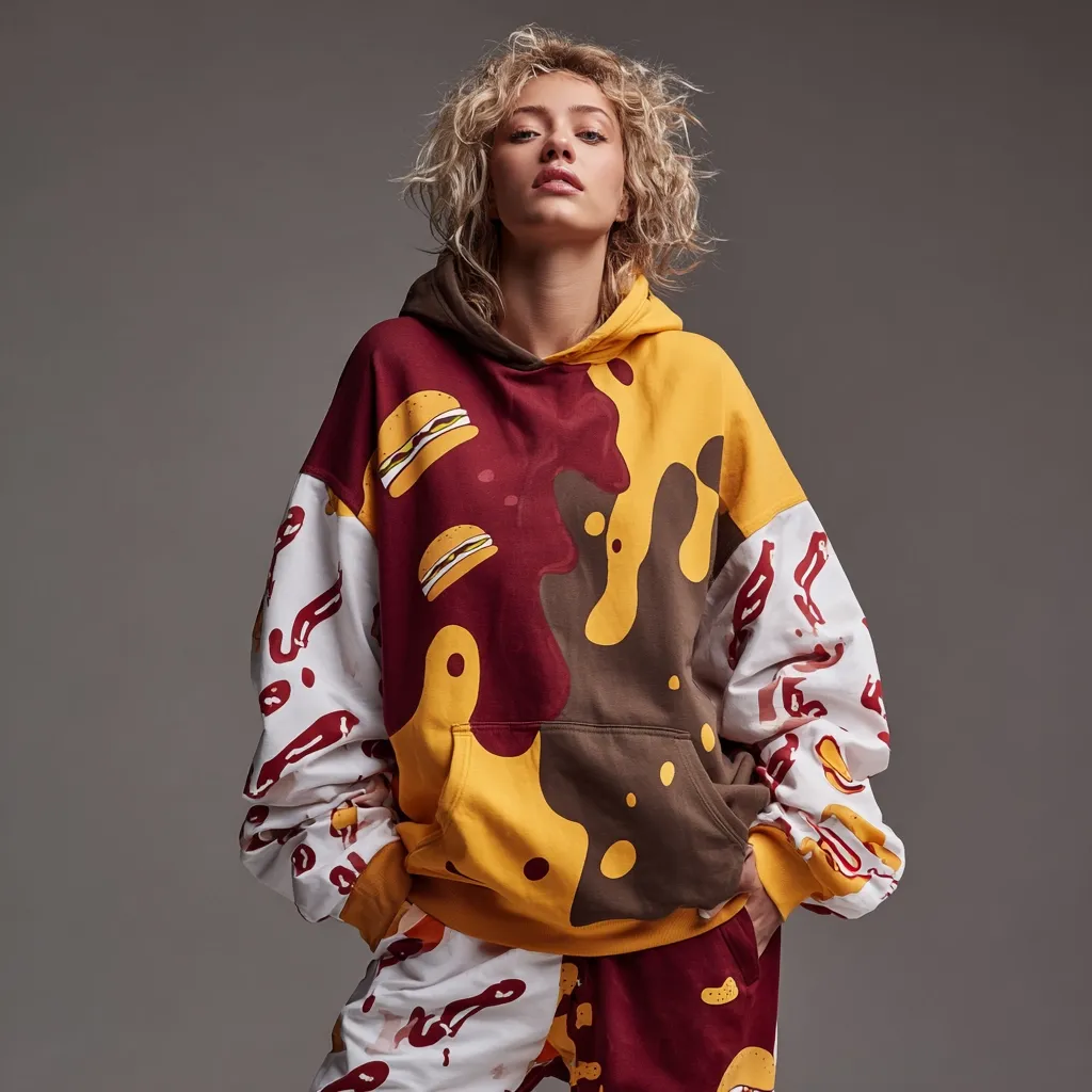 A young woman with curly blonde hair models a vibrant oversized hoodie and matching sweatpants. The clothing features a bold, abstract print combining mustard yellow, maroon, and white, with cartoonish burger and bacon illustrations splashed across the garment.  The hoodie has a kangaroo pocket and the overall style is relaxed and casual.