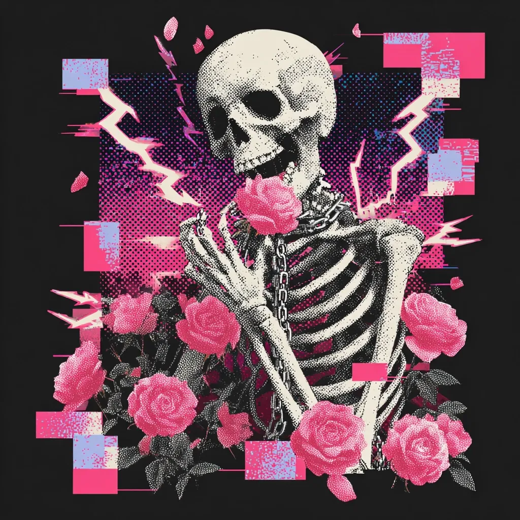 A stylized skeleton, adorned with a chain, delicately holds a pink rose.  Surrounded by a vibrant cluster of pink roses, the image is set against a dark background featuring a glitching, neon-colored digital aesthetic with pixelated blocks and electric bolts.  The overall style blends dark imagery with bright, contrasting colors.