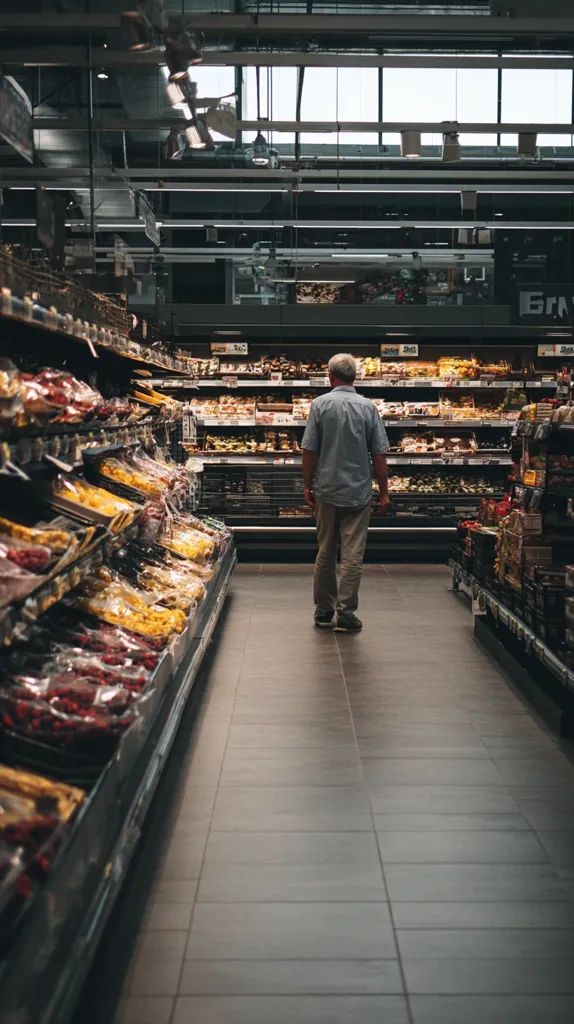 A man stands in the middle of a well-lit supermarket aisle, observing the various products on the shelves.  The shelves are stocked with packaged foods and produce, displaying a variety of colors and textures. The store's modern design features a high ceiling with skylights, creating a bright and spacious atmosphere. The overall impression is one of abundance and selection within a clean, contemporary grocery store.