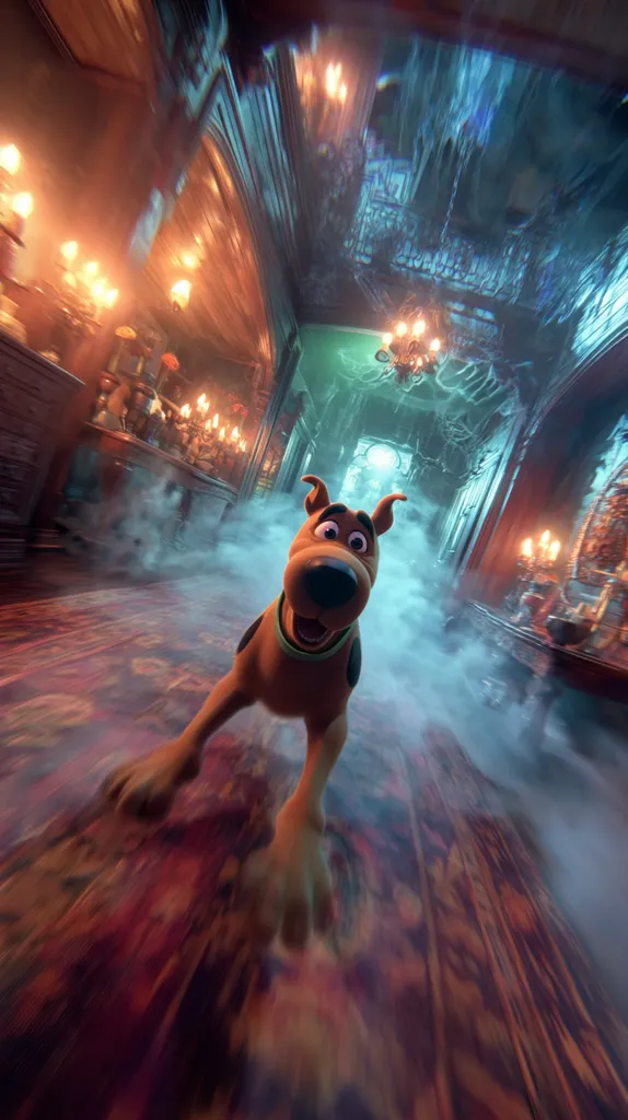 Scooby-Doo, rendered in a photorealistic style, runs down a long hallway in a spooky mansion.  The hallway is dimly lit by candlelight and shrouded in mist, creating a mysterious atmosphere. The ornate ceiling and dark wood paneling enhance the gothic ambiance. Scooby's expression is one of playful fear as he navigates the eerie environment.  The perspective is from a low angle, making Scooby appear larger and more prominent in the scene.