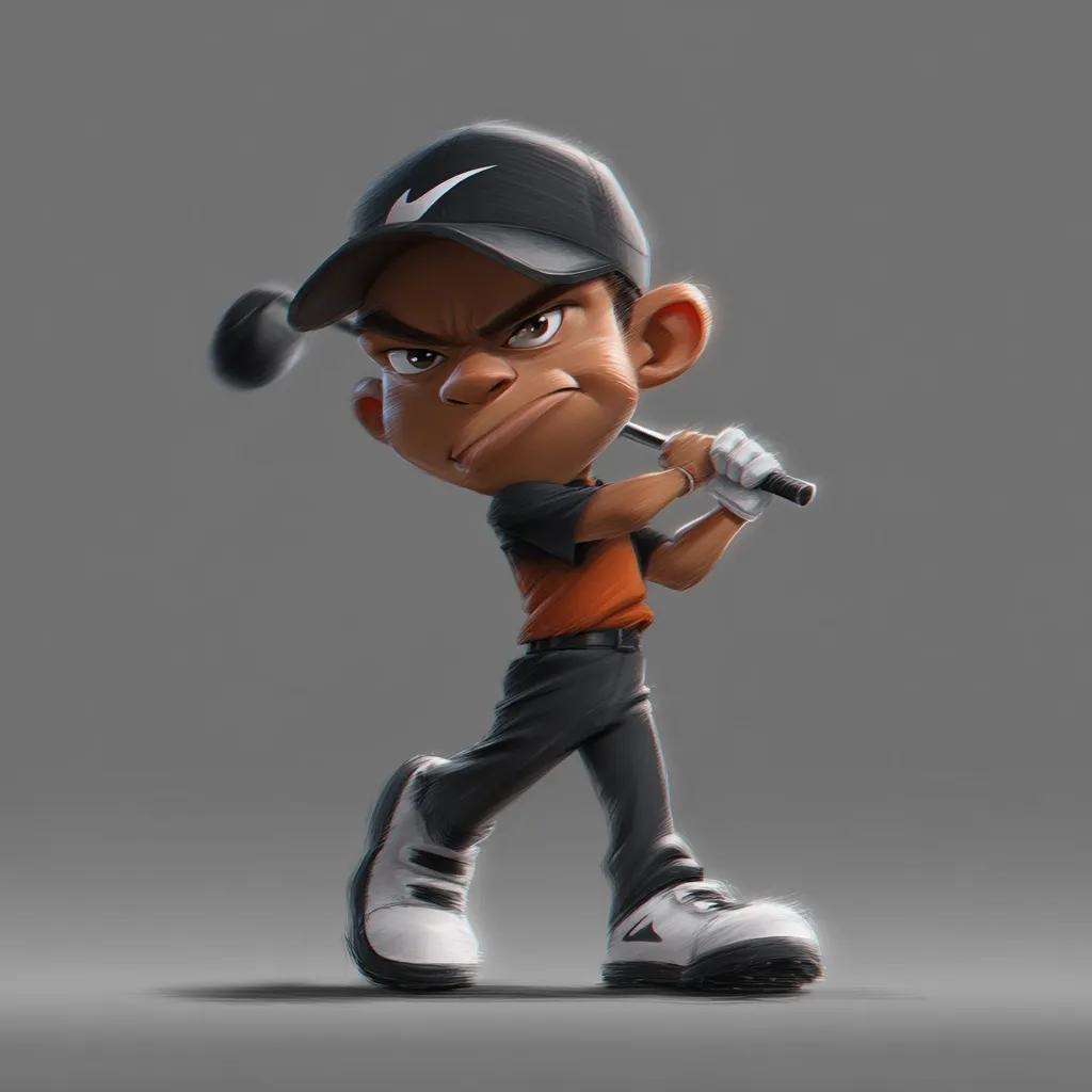 A stylized cartoon rendering of a young golfer, possibly a child, is depicted in a dynamic pose. He's wearing a black baseball cap with a white logo, an orange collared shirt, and dark pants.  His expression is serious and focused as he swings his golf club, suggesting concentration and intensity. The overall style is vibrant and playful yet realistic in its rendering of the figure's form.