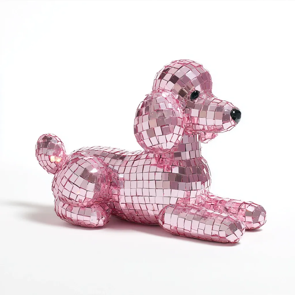 A pink, mirrored mosaic poodle figurine lies on its side.  The dog is crafted from small, square pink mirrored tiles, creating a sparkly, glamorous effect.  Its pose is relaxed and playful, giving it a decorative and whimsical appeal. The figurine is suitable for adding a touch of fun and shine to any interior space.
