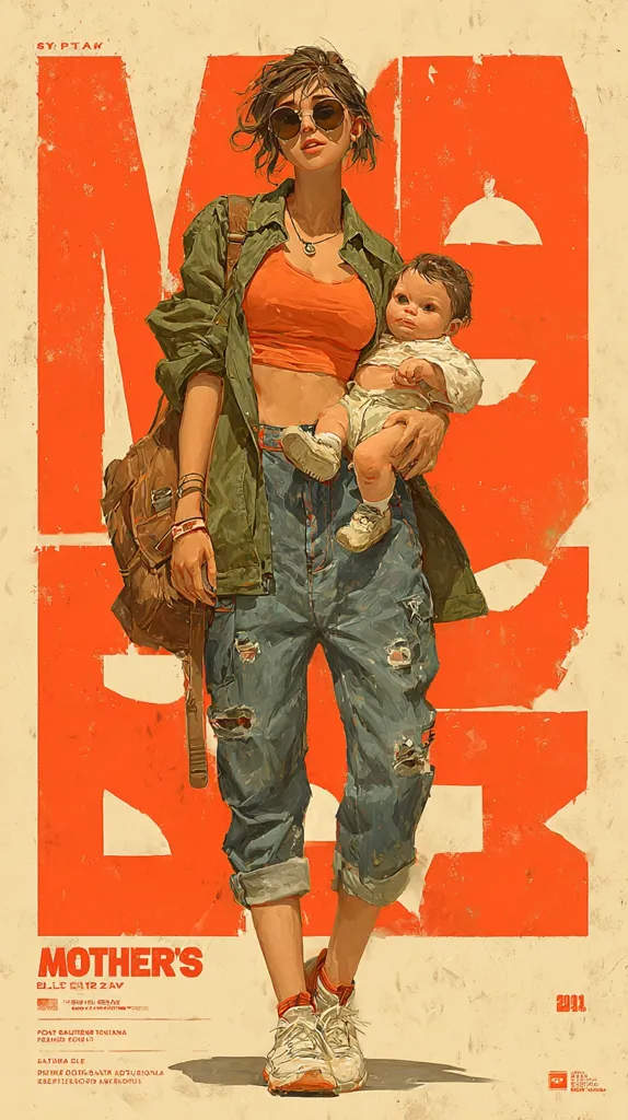 A stylized poster depicts a young woman, sunglasses perched on her head, carrying a baby.  She's dressed in worn jeans and a casual orange top, a backpack slung over her shoulder. The background features a large, distressed orange "MOTHER'S" graphic. The overall style is reminiscent of vintage movie posters, with a slightly gritty, post-apocalyptic feel.  The image suggests themes of motherhood and resilience.