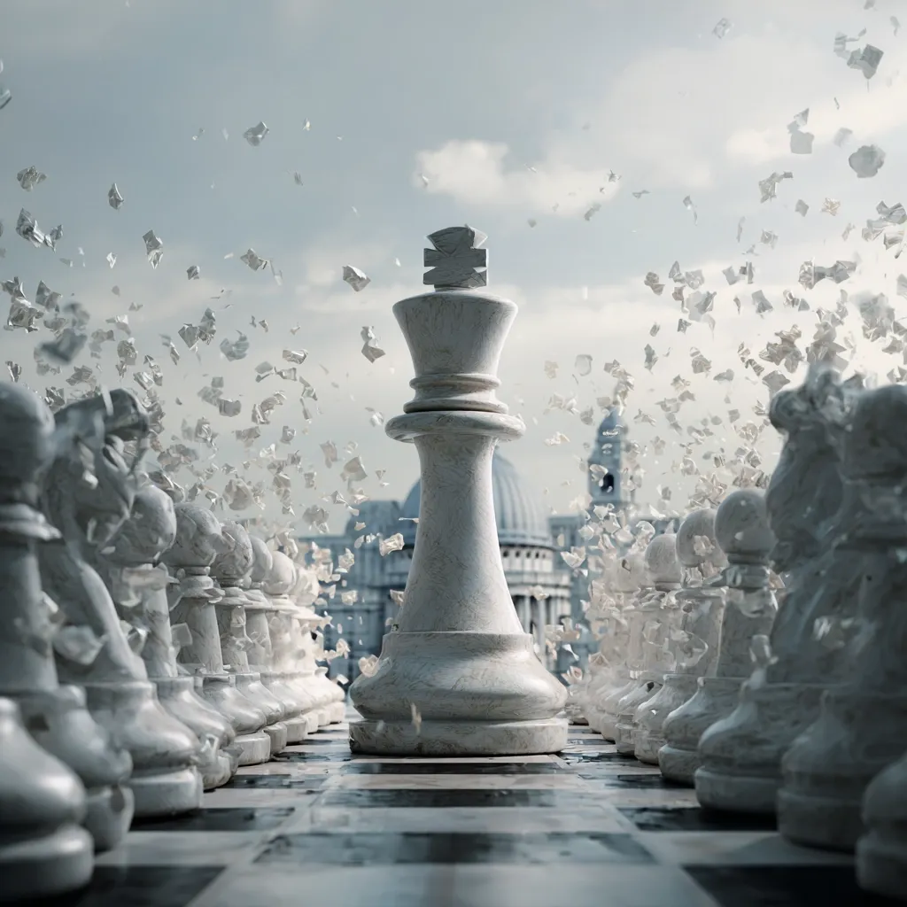 A lone, powerful white king chess piece stands victorious on a chessboard.  Surrounding it, shattered remnants of opposing white chess pieces are strewn amidst a flurry of debris, suggesting a decisive battle.  A blurred cityscape forms a dramatic backdrop, enhancing the image's theme of conquest and overwhelming dominance. The scene is rendered with a dramatic, almost ethereal quality.