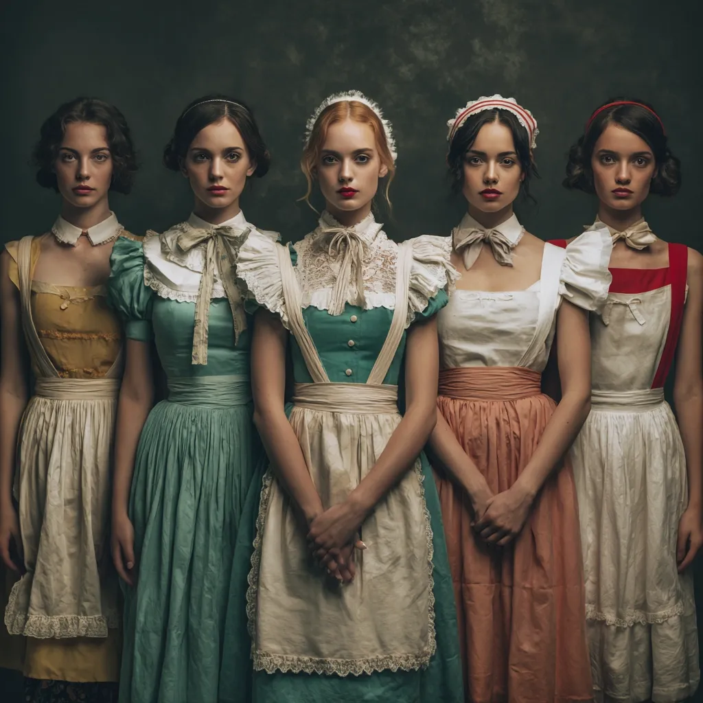 Five young women stand in a row, dressed in antique-style frocks and aprons.  Their attire features various pastel colors and lace details.  They maintain serious expressions, their hands clasped in front of them.  The dark, moody background emphasizes the women's pale complexions and the detail of their clothing, creating a vintage portrait style.