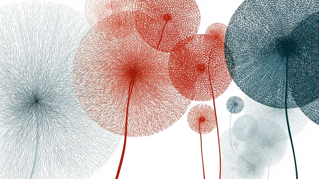 The image showcases a stylized depiction of dandelion clocks in varying shades of red, blue, and gray.  The design is minimalist, using thin, radiating lines to create a textured, almost feathery effect.  The dandelion heads are large and overlapping, creating a sense of depth and movement against a white background. The overall style is modern and abstract.