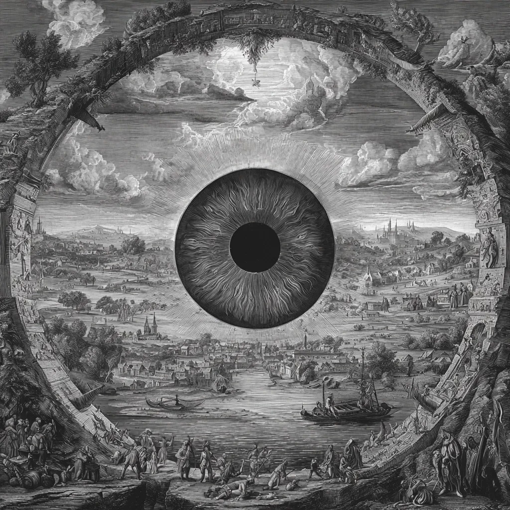 A dramatic black and white engraving depicts a giant eye dominating a landscape.  The eye, detailed with iris and pupil, is positioned within a circular frame formed by a crumbling archway.  Below, a 17th-century style town sprawls along a river, with figures gathered at the water's edge and on ruined structures flanking the arch.  The sky is filled with clouds and hints of a celestial scene. The image evokes themes of divine observation and the passage of time.