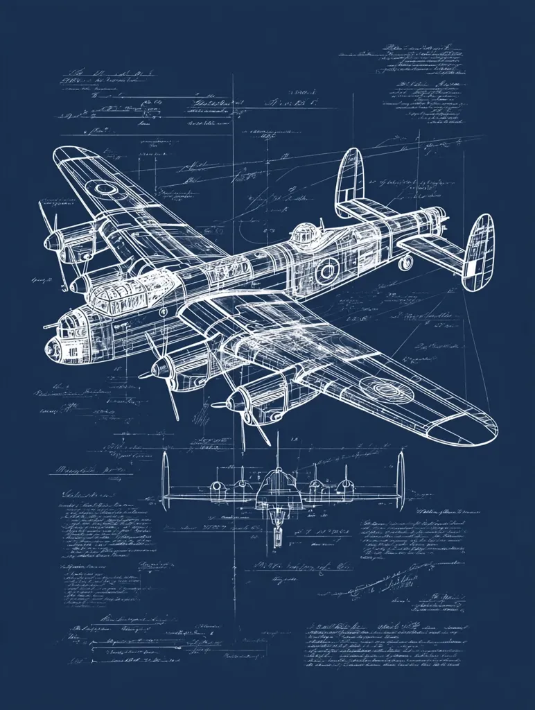A detailed blueprint of an Avro Lancaster bomber is displayed against a dark blue background.  The white lines meticulously illustrate the aircraft's structure, including its wings, engines, and tail.  Surrounding the technical drawing are handwritten notes and specifications, creating an authentic vintage feel.  The image evokes a sense of history and the precision of engineering in the design of this iconic WWII plane.