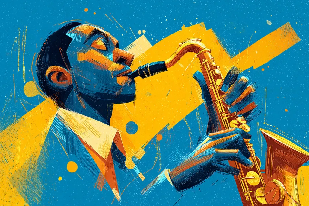 A stylized illustration depicts a jazz musician passionately playing a saxophone.  Bold strokes of blue and yellow create a vibrant, energetic background. The artist's focus is on the musician's expressive face and hands, capturing the intensity and emotion of the performance. The overall style is bold and impressionistic, suggesting movement and sound.