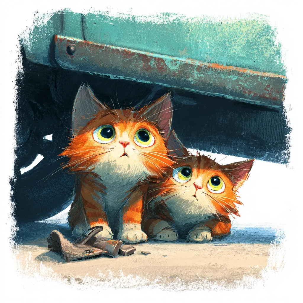 Two adorable orange kittens with large, expressive eyes peek out from under a rusty teal car.  Their curious gaze is directed upwards.  A piece of broken leather and chocolate rests on the ground near them, adding a touch of whimsy to the scene. The artistic style is painterly, with visible brushstrokes creating a textured effect.  The overall mood is charming and slightly melancholic.