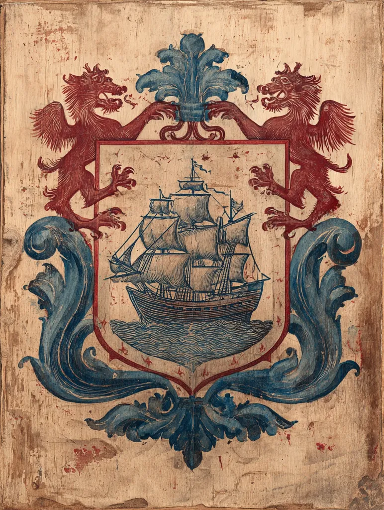 A weathered wooden panel displays a coat of arms.  Two red dragons flank a central shield depicting a three-masted sailing ship on wavy blue water.  The shield is embellished with ornate blue scrollwork at the top and bottom, creating a symmetrical design.  The overall aesthetic suggests an antique maritime emblem, possibly from a ship's log or personal crest.  The colors are faded, adding to its antique charm.
