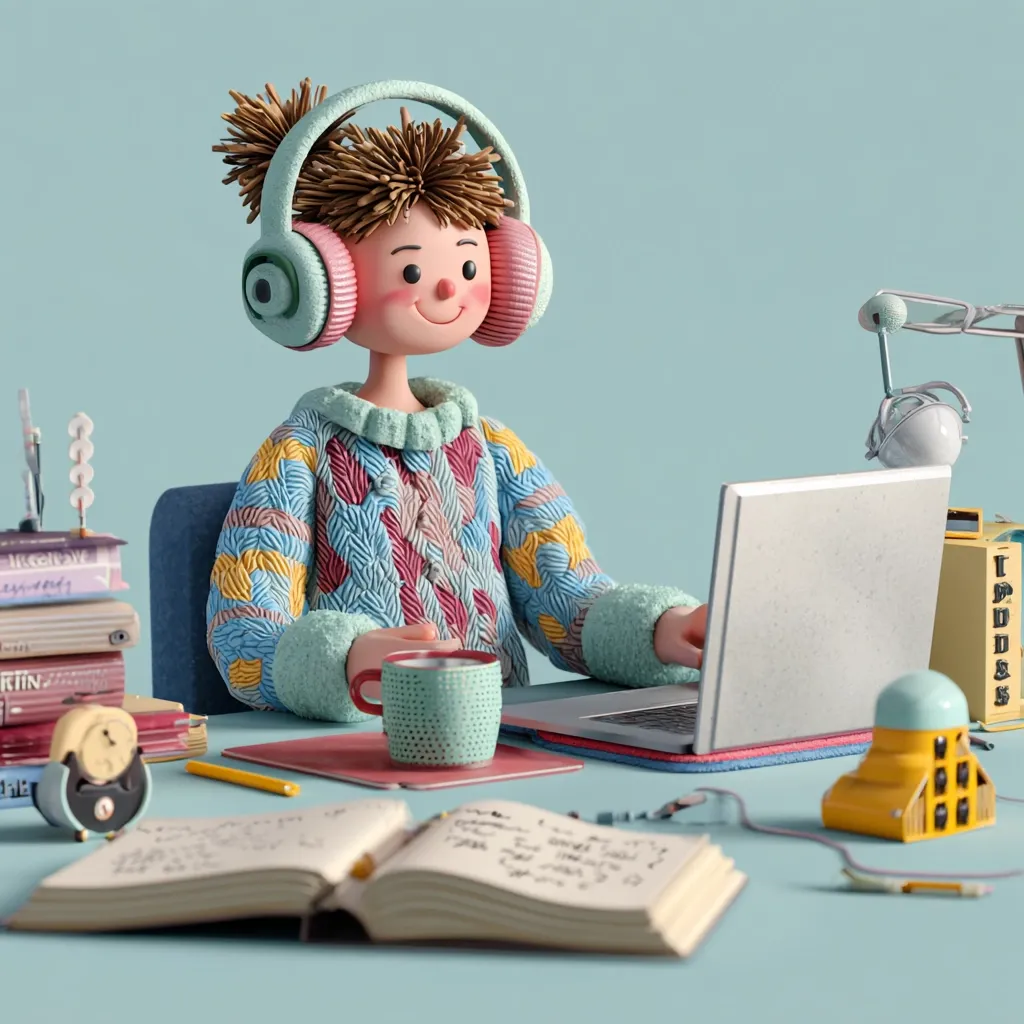 A charming claymation character, wearing oversized headphones and a colorful sweater, sits at a desk working on a laptop.  A warm mug sits beside an open notebook, and a stack of books and other stationery items are scattered around the workspace.  The scene is set against a pastel blue background, creating a cozy and creative atmosphere.