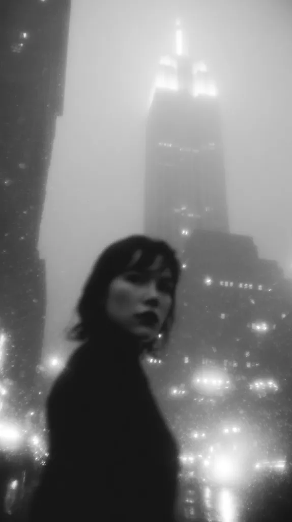 A black and white photograph captures a woman's profile against a hazy backdrop of a city skyline. The Empire State Building is partially visible through a dense fog, its lights faintly illuminating the scene. The woman's face is partially obscured, adding a mysterious quality.  The overall mood is somber and atmospheric, suggesting a sense of isolation or contemplation within an urban environment.