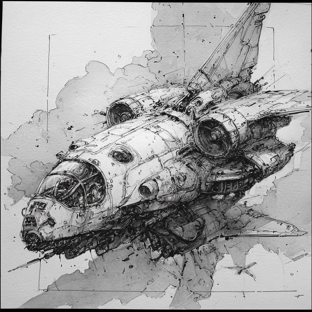 A detailed ink and wash drawing depicts a futuristic spaceship, rendered in grayscale.  The vessel is intricately detailed, showcasing complex machinery and a cockpit with a visible pilot.  Surrounding it is a smoky or atmospheric effect, suggesting movement or propulsion.  The style is reminiscent of technical drawings with added stylistic flourishes.  The overall composition is dynamic and engaging, focusing on the spacecraft's mechanical complexity.
