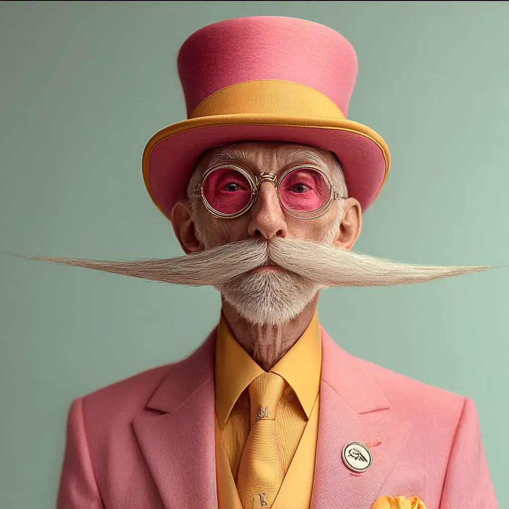 A stylish elderly gentleman with an exceptionally long, white mustache is the focus. He's dressed in a vibrant pink suit, a matching top hat, and a mustard yellow shirt and tie.  His pink round glasses complete the bold, colorful ensemble. The image is a striking portrait with a whimsical, almost surreal quality.