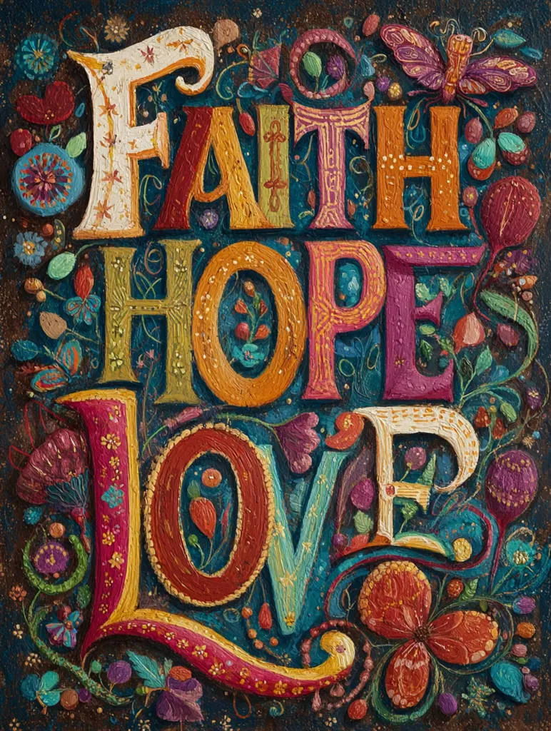 A vibrant, textured artwork depicts the words "Faith, Hope, Love" in bold, stylized lettering.  The letters are richly painted with impasto techniques, showcasing a variety of colors and textures.  Intricate floral designs and butterflies are incorporated around and within the lettering, creating a lush and ornate composition on a dark background.  The overall style is reminiscent of folk art or illuminated manuscripts.