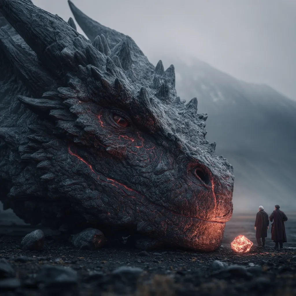 A colossal, stone-like dragon, its scales glowing with inner fire, rests on a dark, volcanic landscape.  Two figures, cloaked and small in comparison, stand before it, observing a glowing crystal at its feet.  The scene is dramatic and atmospheric, hinting at a powerful, ancient being and a moment of uncertain encounter.  The muted colors and moody lighting enhance the epic scale.