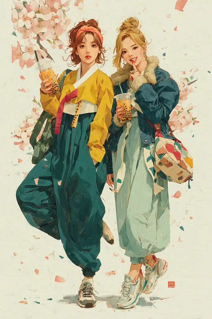 Two young women, styled in a blend of modern and traditional Korean fashion, stand amidst falling cherry blossoms.  One wears a yellow hanbok-inspired top with teal pants, while the other sports a denim jacket over a light green, flowing skirt.  Both carry bubble tea and stylish bags, creating a charming juxtaposition of cultures and aesthetics.  Their relaxed poses and cheerful expressions evoke a sense of springtime joy and friendship.