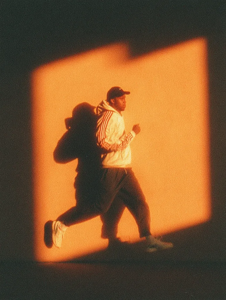 A person, wearing a baseball cap and light-colored jacket, runs against a warm orange wall.  The sunlight casts a long shadow behind them, emphasizing their dynamic movement. The overall tone is warm and energetic, creating a striking visual contrast between the figure and the background.  The image is sharply focused on the runner, while the background is slightly blurred.