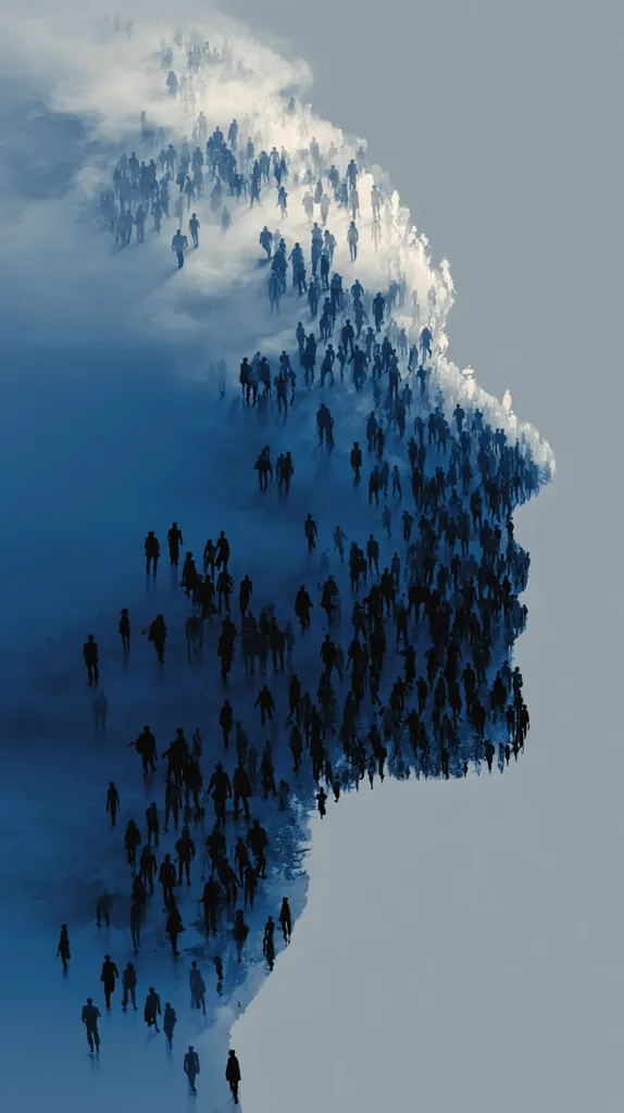 A large crowd of people, depicted as dark silhouettes, flows like a wave against a muted blue and white background.  The figures are densely packed, moving in a unified direction, creating a powerful visual representation of a mass migration or collective movement. The hazy, atmospheric effect enhances the sense of scale and movement.