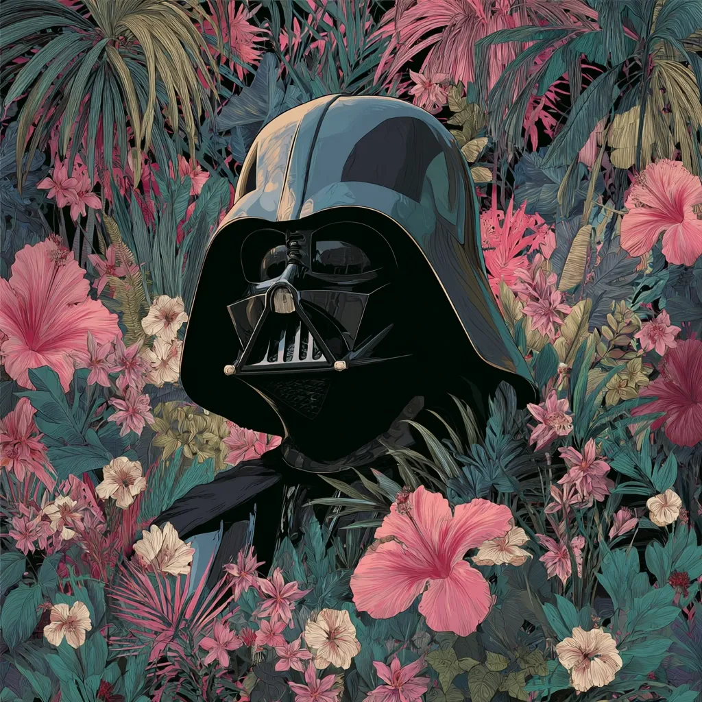 Darth Vader's helmet is nestled amidst a vibrant, tropical paradise. Lush hibiscus flowers, palm fronds, and other exotic blooms surround the iconic mask, creating a striking juxtaposition of darkness and vibrant color.  The image is a stylized digital painting, showcasing a detailed rendering of both the helmet and the floral backdrop.  The contrast between the hard, mechanical helmet and the soft, delicate flowers is visually captivating.