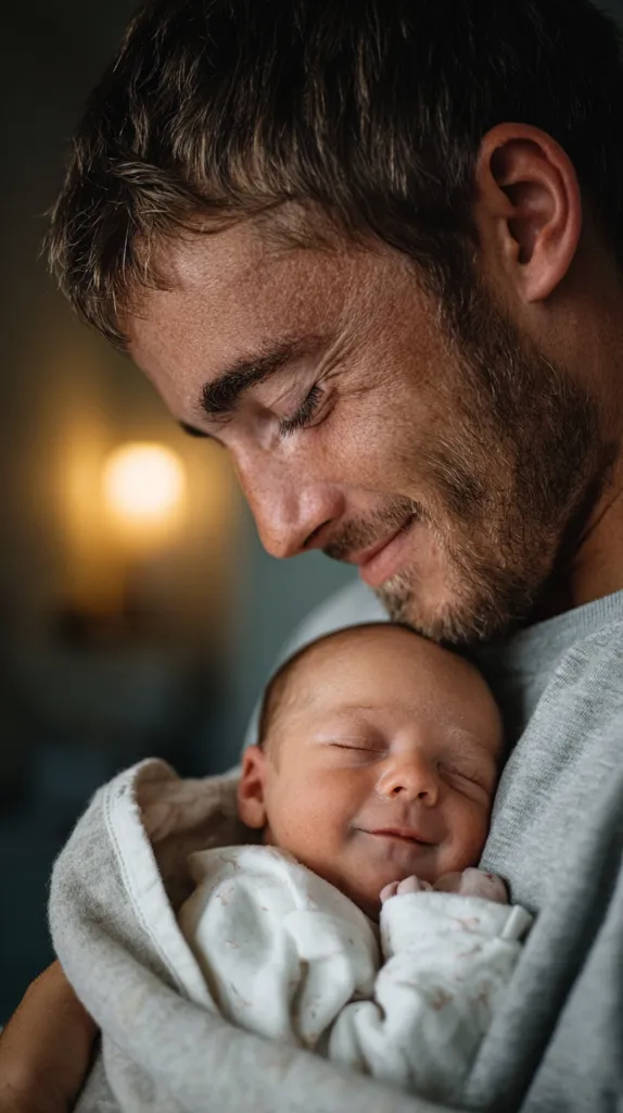 A tender moment is captured as a father cradles his newborn baby.  The father's face is softly lit, his eyes closed in peaceful contentment as he gently holds his sleeping infant. The baby, swaddled in a light-colored blanket, rests peacefully against the father's chest. The image exudes warmth, love, and the quiet joy of new parenthood.