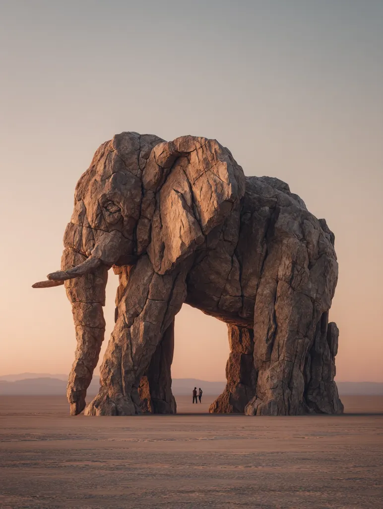 A colossal stone elephant sculpture stands majestically in a vast, sun-drenched desert landscape.  Its weathered, craggy form suggests immense age and the power of nature. Two tiny figures are dwarfed by the scale of the artwork, emphasizing its monumental size and the awe-inspiring beauty of this surreal scene. The setting sun casts long shadows, enhancing the dramatic impact.