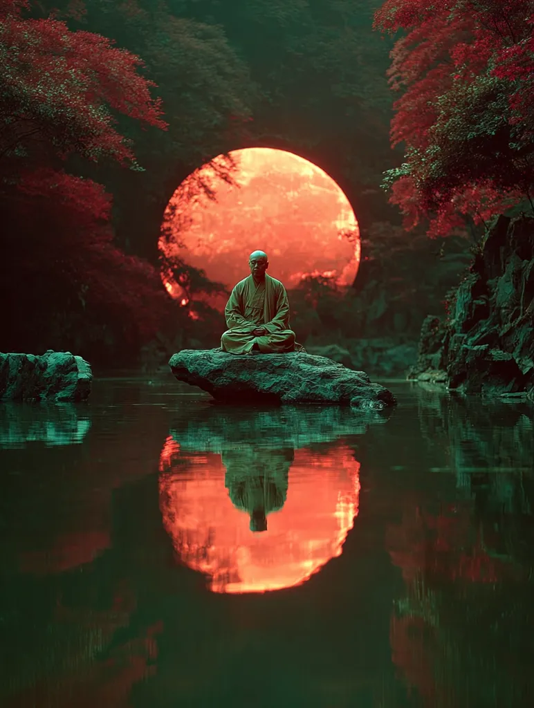 A serene image depicts a monk in meditation on a rock in a calm river, silhouetted against a large, vibrant red orb, possibly a sun or moon.  Crimson-hued trees frame the scene, their leaves adding to the mystical atmosphere. The water reflects the celestial body and the monk, creating a tranquil and almost surreal composition. The overall mood is one of peace and spiritual contemplation.