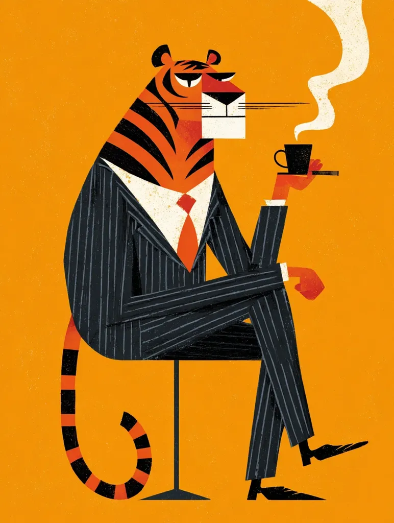 A stylized illustration depicts a tiger in a pinstripe suit sitting on a stool, elegantly holding a coffee cup and cigarette.  The tiger's orange and black stripes contrast sharply with the dark suit. The bold graphic style and vibrant orange background create a striking, almost vintage, aesthetic. The scene suggests sophistication and a touch of playful incongruity.