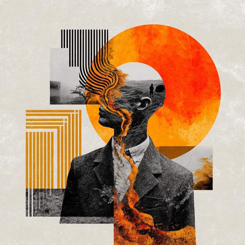 A striking abstract collage features a man's profile, his head overlaid with a fiery orange landscape and a large, vibrant orange circle.  Geometric shapes in black, gold, and grey frame the figure, creating a visually dynamic composition.  The imagery blends surrealism with a sense of introspection and inner turmoil, creating a powerful and thought-provoking piece.
