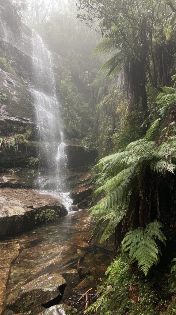 A misty waterfall cascades down moss-covered rocks into a clear stream. Lush ferns and vibrant green foliage surround the waterfall, creating a serene and enchanting rainforest scene. The atmosphere is peaceful and damp, with a soft light filtering through the canopy.  The water flows smoothly over the rocks, creating a tranquil soundscape.